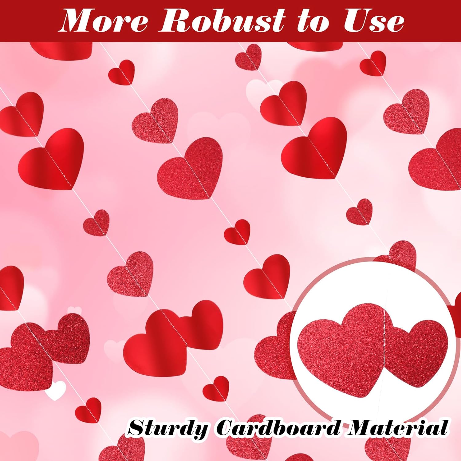 Valentine's Day Decorations Red Heart Garland, Red Heart Hanging Glitter Streamer Bunting Banner, Party Decorations Garland, For Anniversary, Valentines Day, Engagement Wedding Bridal, Shower, 40 Feet - Image 2