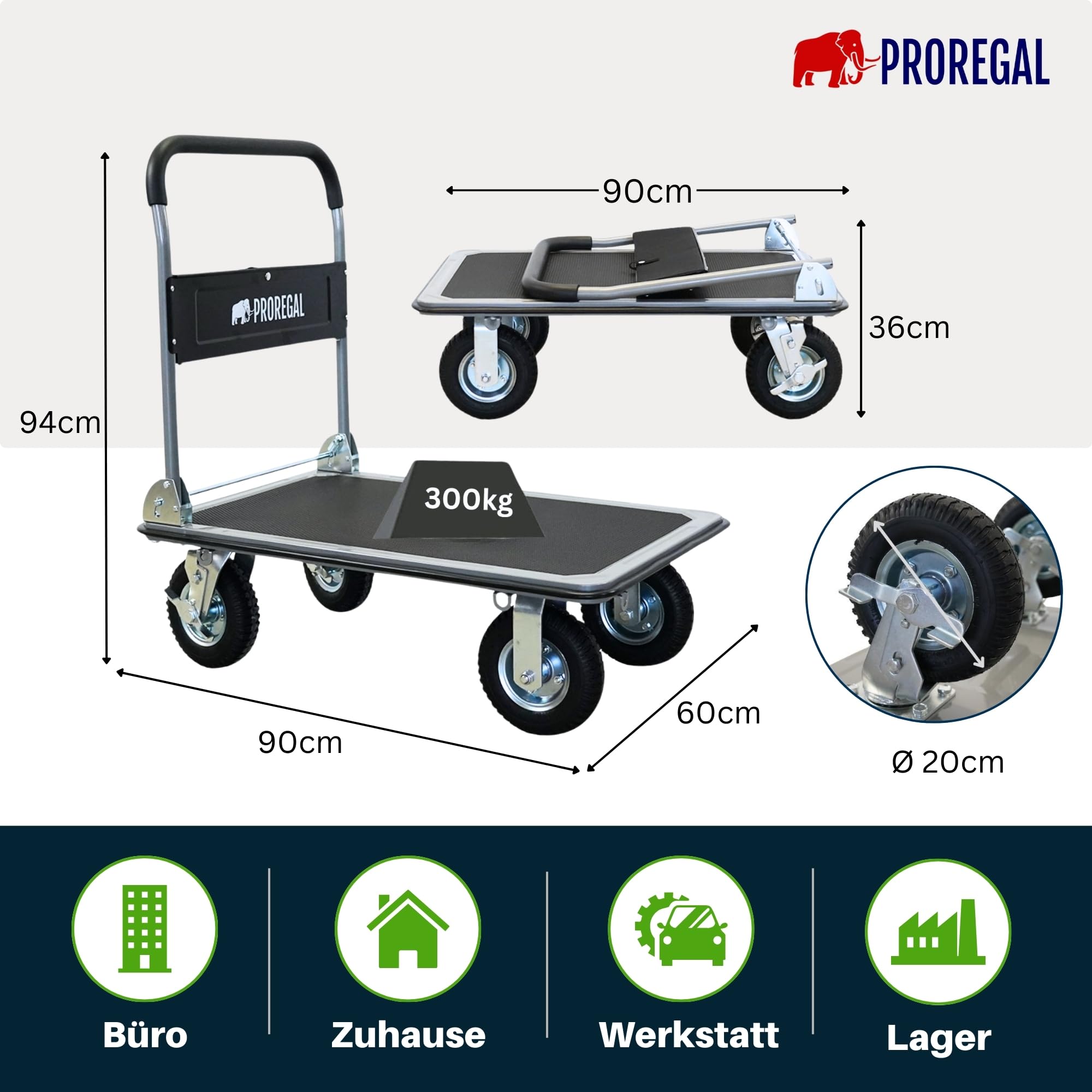 PROREGAL Carrello professionale BIG RHINO 300 kg pieghevole con pneumatici, ruote girevoli a 360° e ruote fisse con freno di stazionamento, borsa portautensili e 6 occhielli di sicurezza