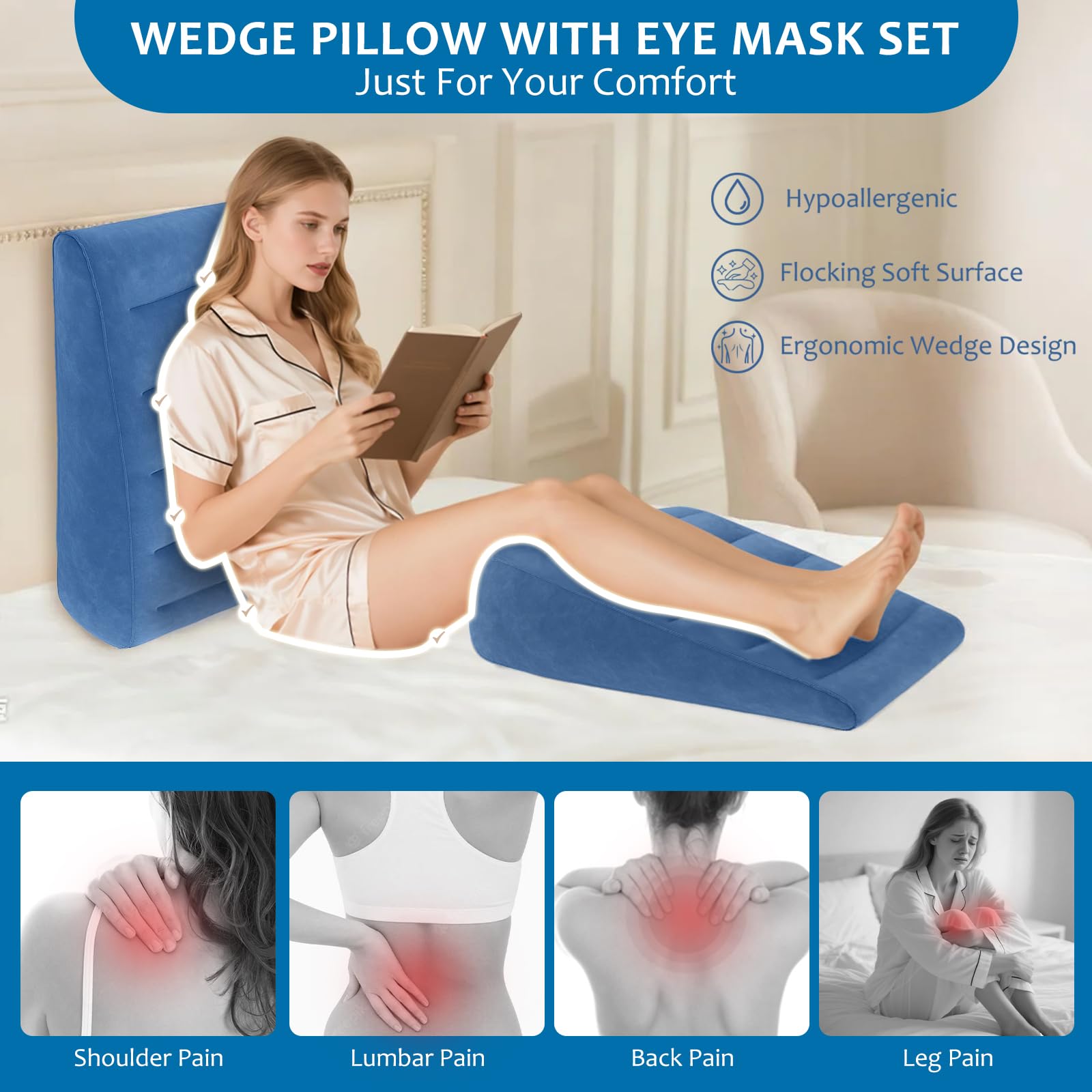 Coussin cale gonflable portable avec masque de sommeil – Cale de matelas pour anti-ronflement, coussin anti-reflux pour lit et canapé, coussin cale de lit pour sommeil, repos, cale de lit pour tête de