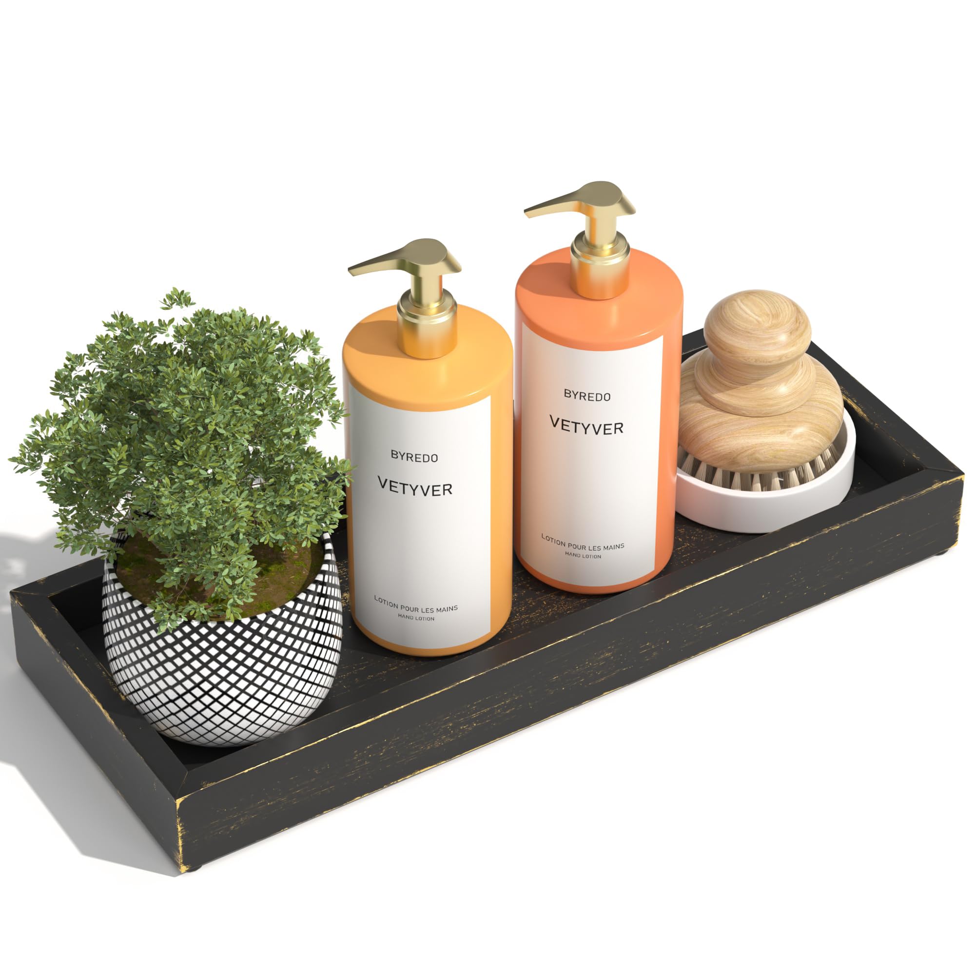 HGF Kitchen Countertop Organizer Soap Tray, 11.2'' Farmhouse Handmade Small Wooden Tray for Counter Coffee Table, Bathroom Vanity Trays for Perfume Candle Rectangle Decorative, Black Brushed Gold