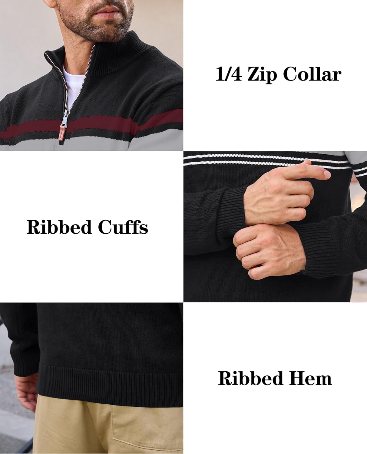 EKLENTSON Men's Quarter Zip Pullover Sweater Striped Knitted Turtleneck Pullover Winter Golf Sweater - Image 5