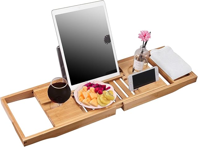 Tanice Bath Tray Bath Caddy Tray Extending Bamboo Bathtub Rack Organizer Bath Table for Book, Phone, Tablet, Kindle, Wine Glass Holder