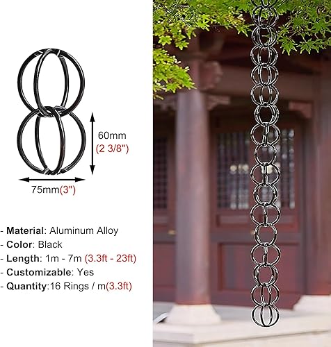Miniatura 7 de Ring Rain Chain Diverter Replacement Gutter, Rust-Resistant Aluminum Alloy Rain Catcher Chain, Black Home Decor Eaves Drainage Gutter Chain(2.6m
