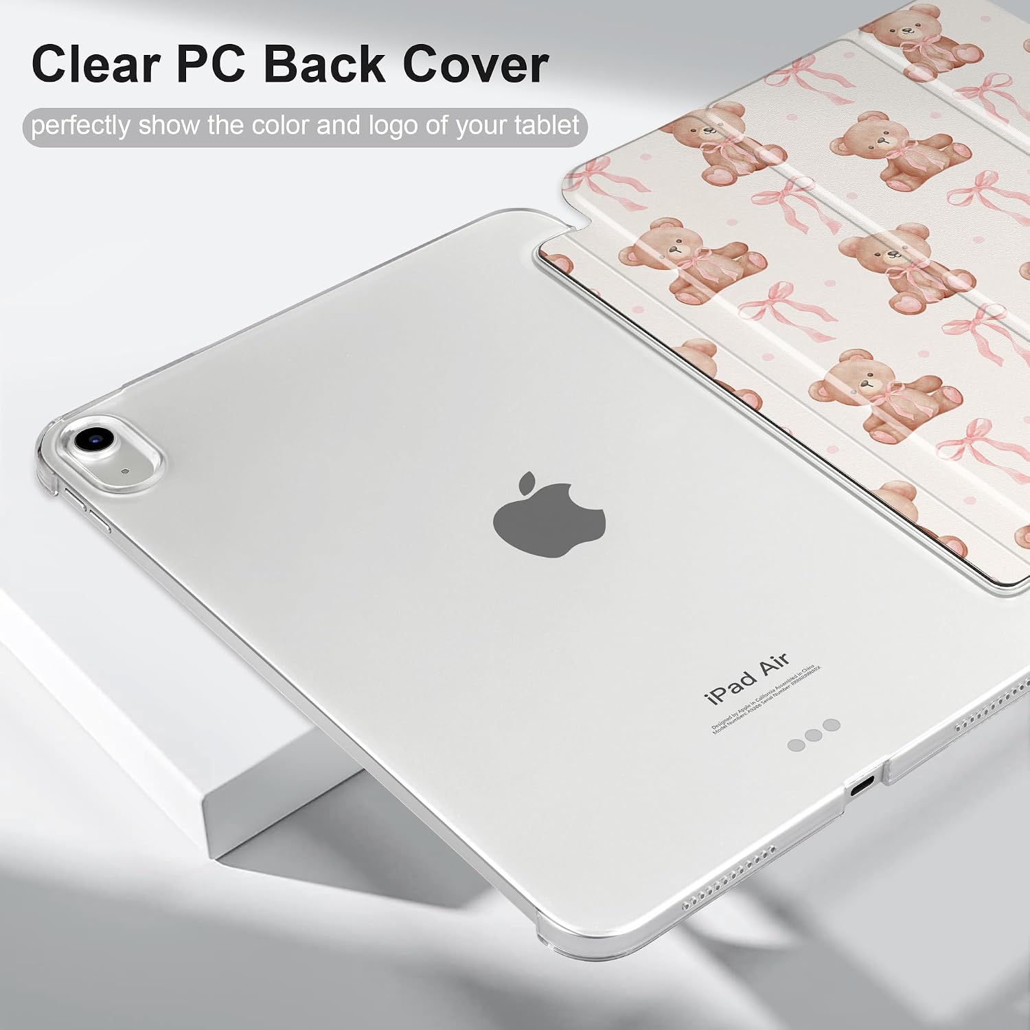 DONGKE for iPad Air 11-inch M4 2026 M3 2025 M2 2024, iPad Air 5th 2022 / 4th Gen 2020 10.9-inch, Slim Foldable Stand Hard PC Translucent Back Shell Smart Cover - [Auto Wake/Sleep] - Bear with Bows