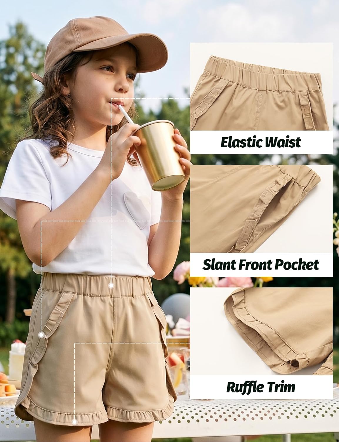 Noomelfish Girls Ruffle Stretch Cotton Twill Pull On Shorts with Pockets (5-12 Years)