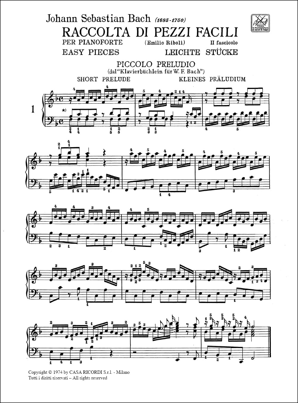 Il mio primo Bach Riboli Secondo Fascicolo Second Volume Spartito Ricordi Livello Principianti Facile