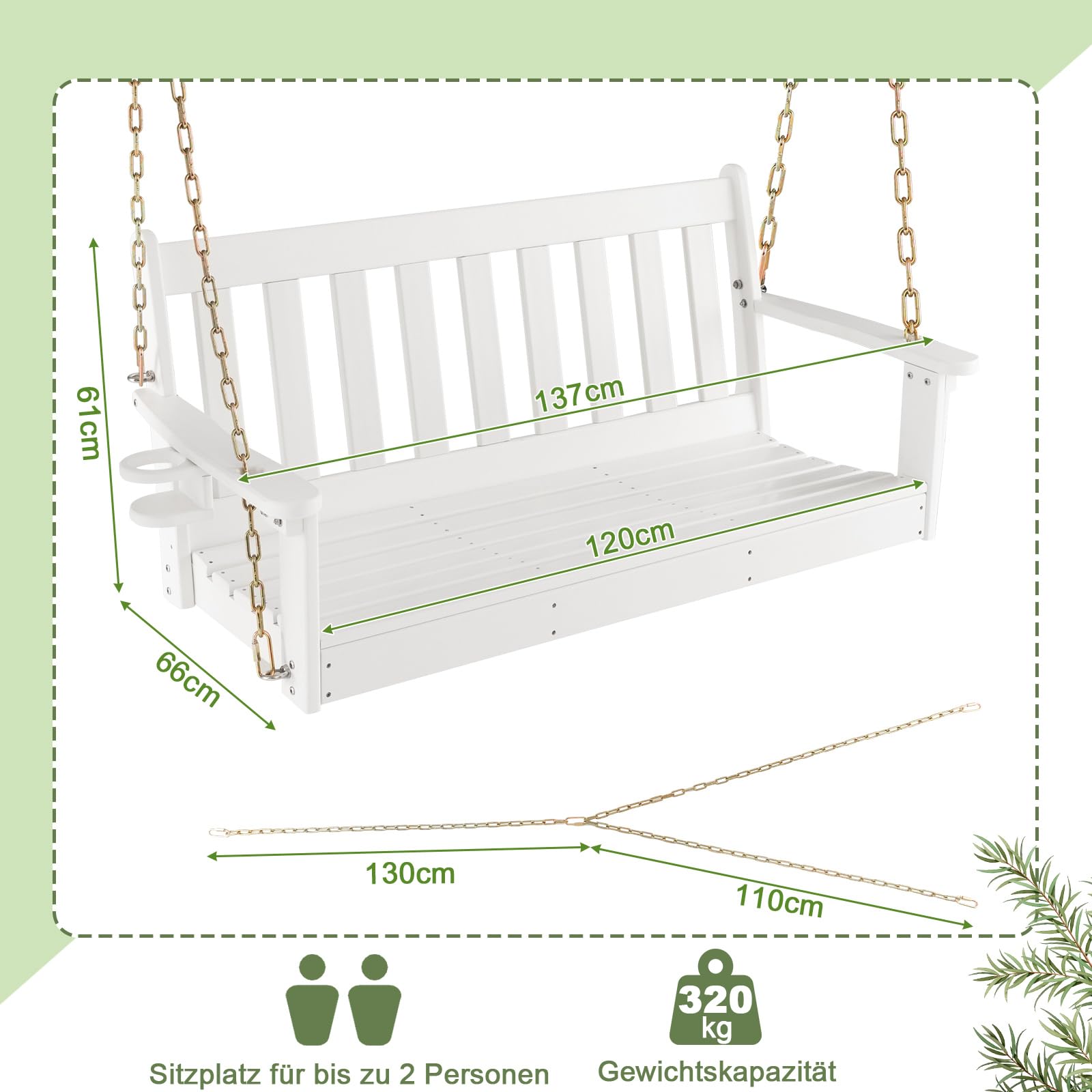 COSTWAY Hängebank aus HDPE, 2-Sitzer Gartenschaukel zum Aufhängen, bis 320 kg belastbar, Hängebank mit verstecktem Getränkehalter & verstellbaren Sicherheitsketten, für Garten, Hof, Veranda