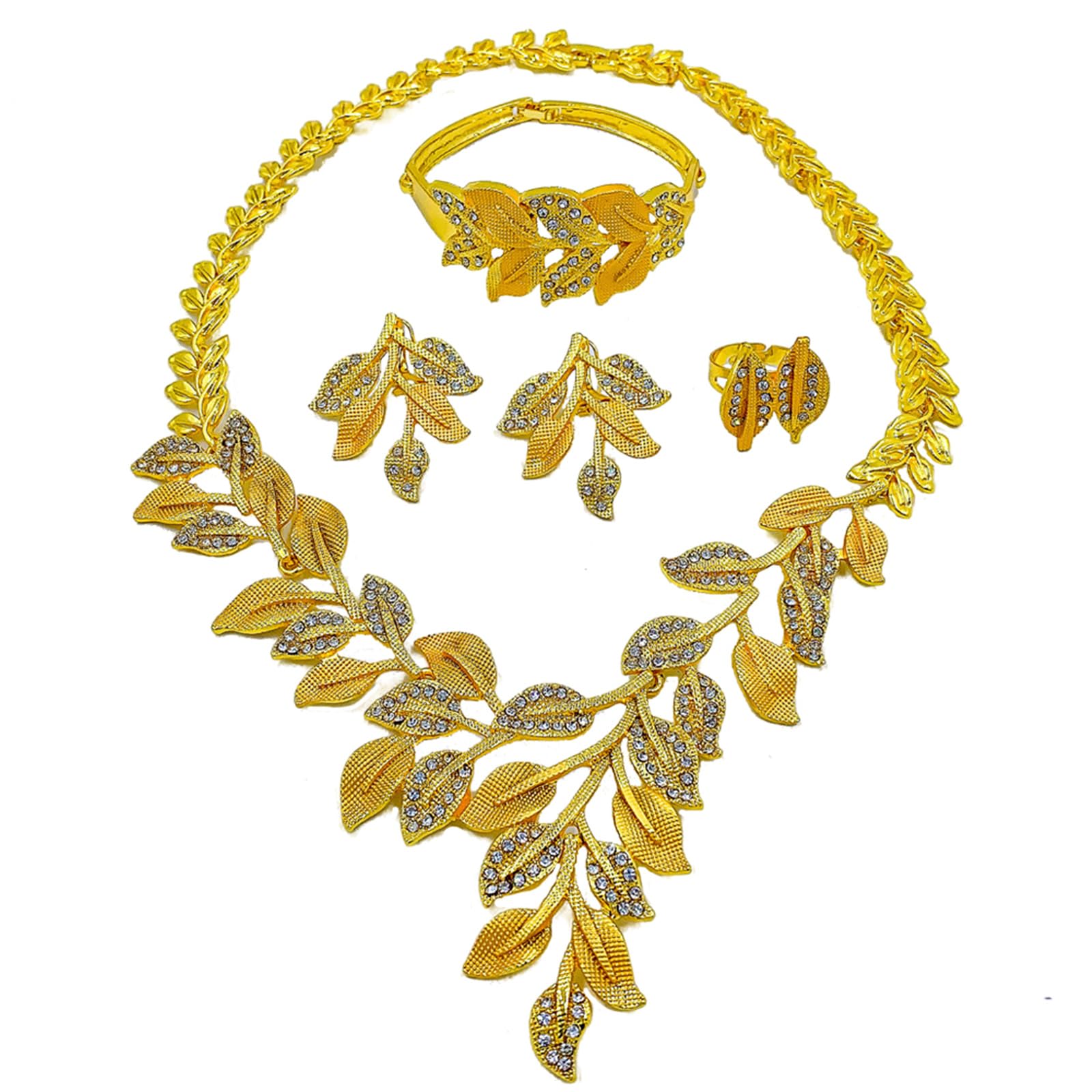 LifflyLadys24k Gold Necklace African Jewelry Set Dubai Gold Bracelet Earrings Ring Accessories Bridal Jewelry Set for Women Wedding Gift