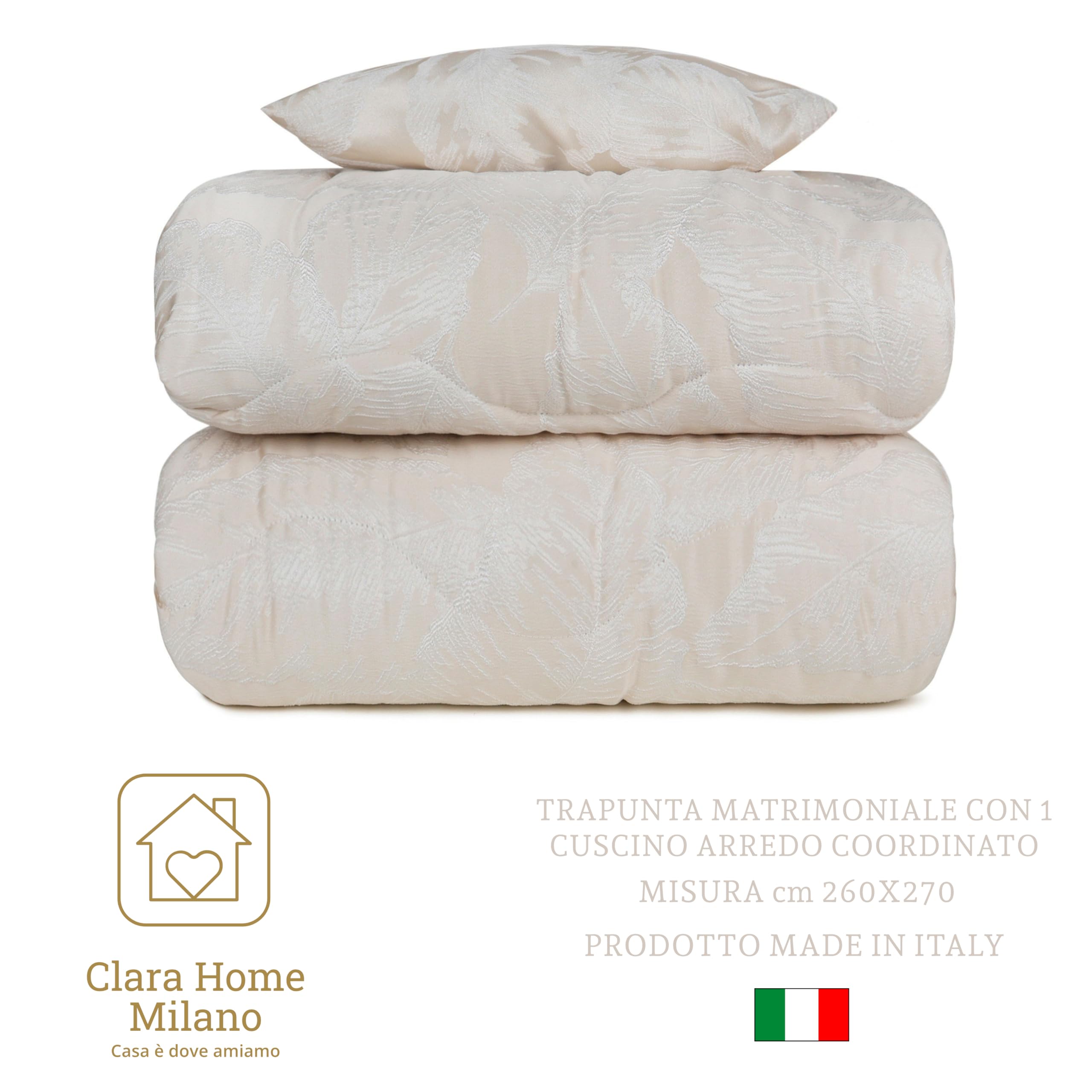 Trapunta Invernale Matrimoniale in Raso Jacquard,Panna Tortora e Grigio, 260x270 cm, con Cuscino Arredo Coordinato (Panna)