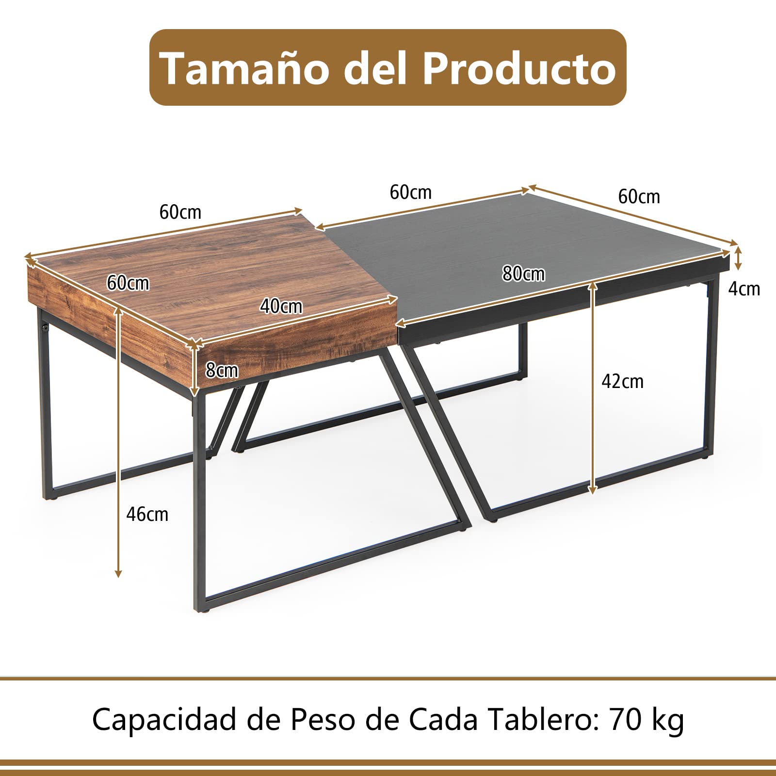 COSTWAY Juego de 2 Mesas Auxiliares de Centro, Mesa Auxiliar de Nido con Patas de Metal con Recubrimiento en Polvo, Mesa Nido de Café Trapezoidal para Sala de Estar Oficina Dormitorio