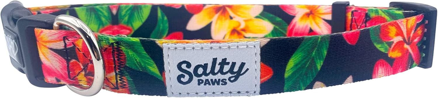 Shaka's Salty Paws Tropical Black Dog Collar for Beach, Boating, Fishing (Medium Collar Adj. 14-20" for Dogs 25-50 lbs, Black Floral Hawaiian Print)