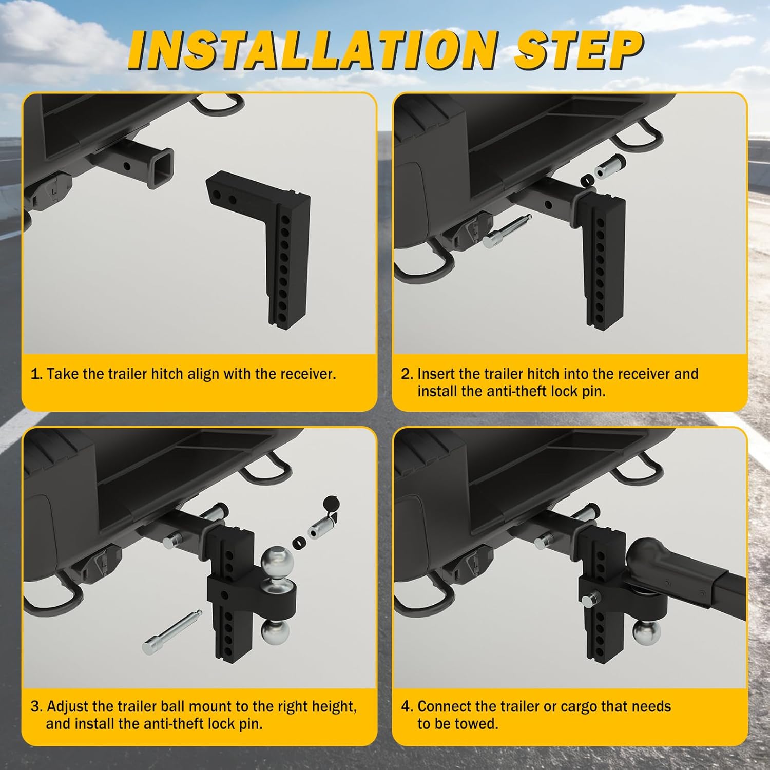 Aluminum Adjustable Trailer Hitch for 2-Inch Receiver 6 Inch Drop/Rise Hitch Ball Mount with 2" and 2-5/16" Ball Hitches Heavy Duty Black 12,500 LBS GTW Towing Hitch