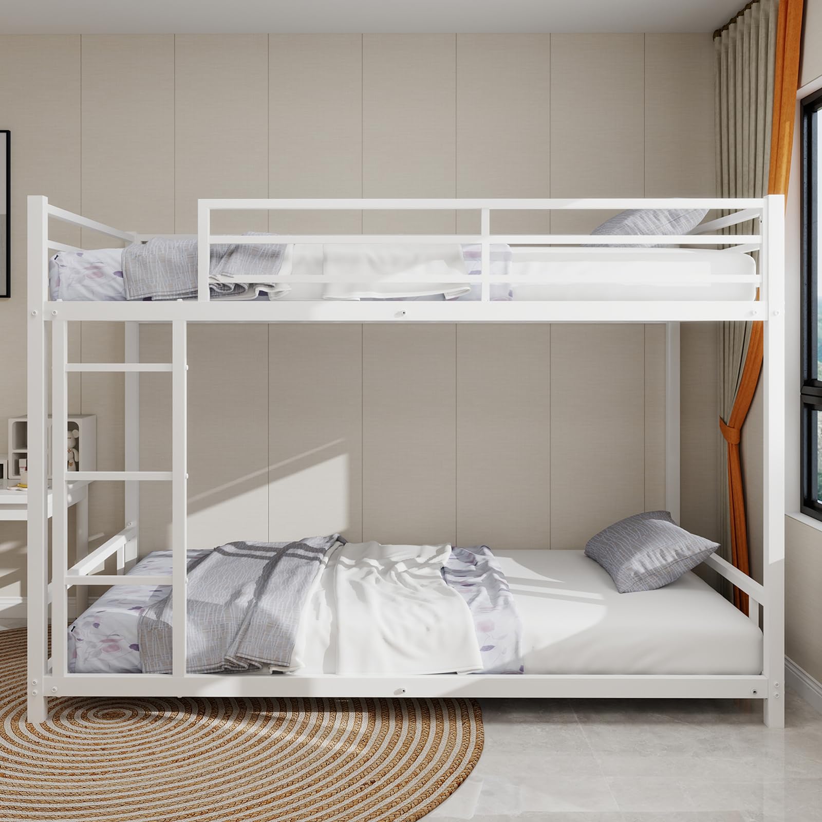 QSOSTNS Twin Over Twin Bunk Bed, Metal Low Profile Bunkbed with Side Ladder, Heavy-Duty Sturdy Metal, Noise Reduced, Safety Guardrail, No Box Spring