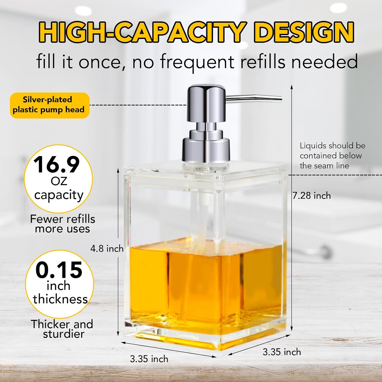 Acrylic Clear Soap Dispenser with Rust Proof Pump- 16.9 oz Square Hand Dish Soap Dispenser for Bathroom Kitchen, Modern Refillable Plastic Liquid Hand Soap Dispenser, Shampoo Detergent Bottle