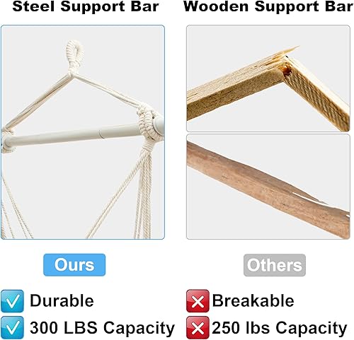Miniatura 4 de Silla hamaca colgante con reposabrazos de madera barra separadora de acero y anillos antideslizantes tela tejida de algodón hasta 300 libras para