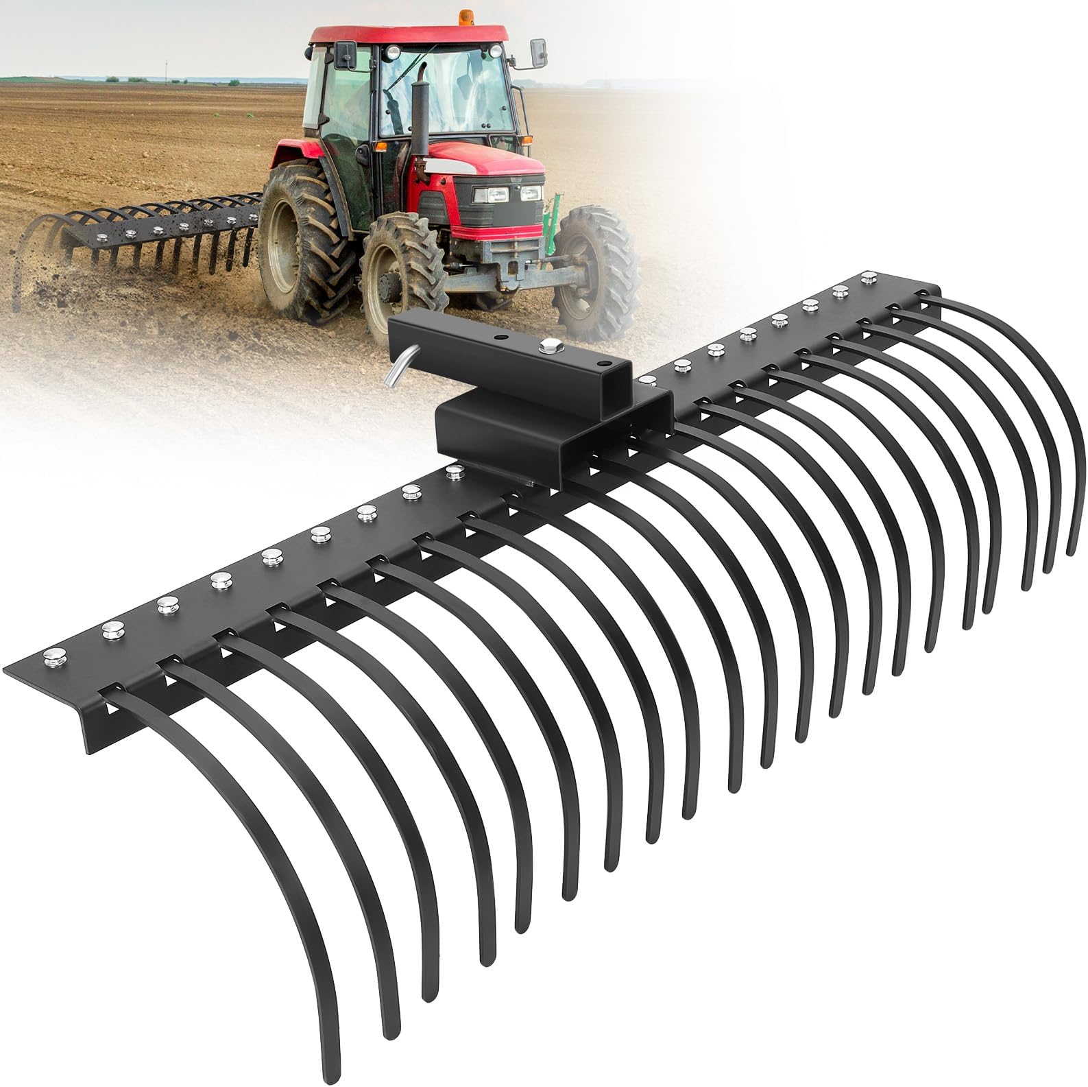 60 Inch Landscape Rock Rake,3 Point Attach Rake Fit for 2 Inch Receiver with 360 Degree Rotation,Tow-Behind Garden Tool for Compact Tractors, Category 1
