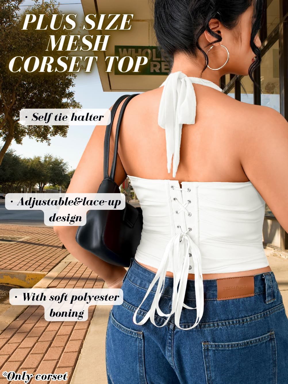 Women's Plus Size Sexy Halter Boned Corset, Square Neck Mesh Lace Up Crop Top, Club Going Out Outfits (14W-22W) - Image 2