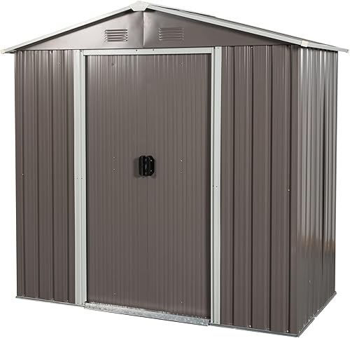 XDOUT Cobertizo de metal para exteriores de 6 x 4 pies con base de acero, casa de almacenamiento de acero, ventilada, puertas correderas con