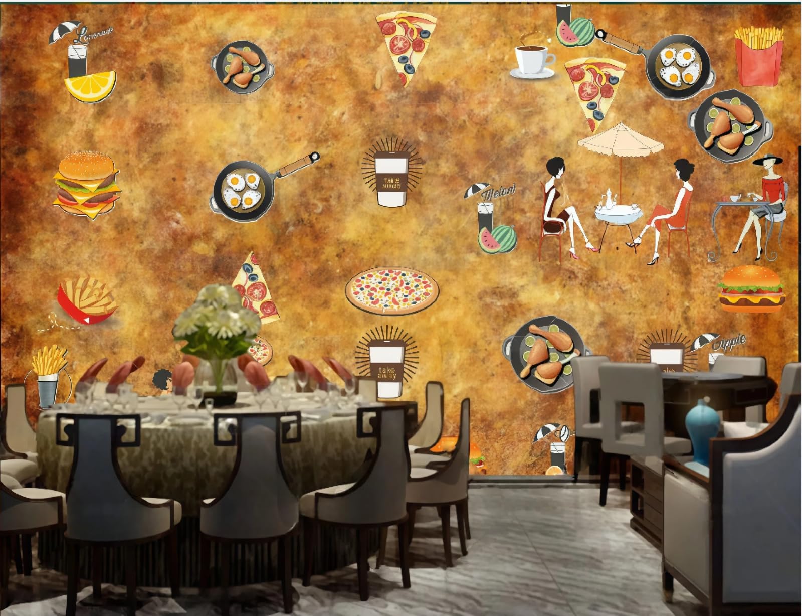 XDOUBAO Wallpaper Retro Hand-Painted Burger Pizza Shop Dessert Bakery Afternoon Tea Western Restaurant Background Wall Wallpaper Coffee Shop Mural,3D,300x210cm