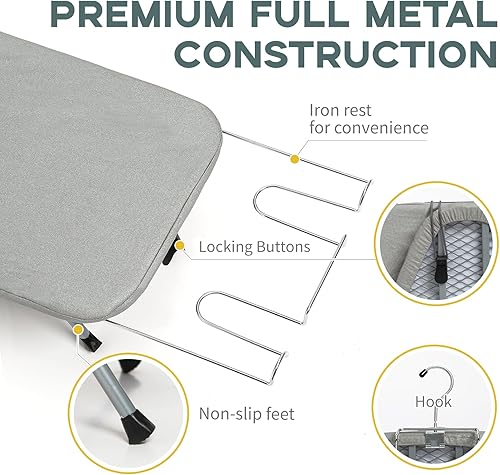 Miniatura 3 de RAINHOL - Tabla de planchar plegable de metal con soporte para planchar, tabla de planchar portátil pequeña con cubierta de algodón resistente al