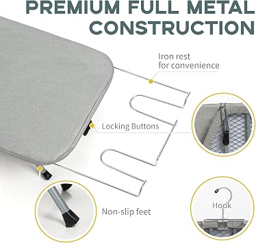 Metal Foldable Tabletop Ironing Board with Iron Rest, Portable Ironing Board Small with Heat Resistant Cotton Cover, RAINHOL Mini Iron Board for Small Space and Travel, 31x12, Gray