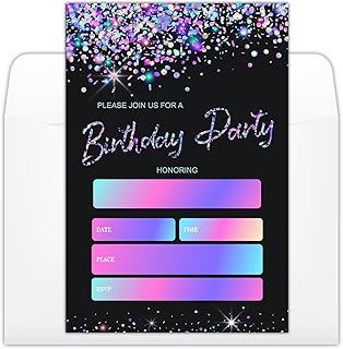Black and Glitter Birthday Party Invitations Cards with Envelopes, Modern Party Invitations, Birthday Celebration Supplies, Double-sided Fill-in bday Invites for Boys Girls - C11