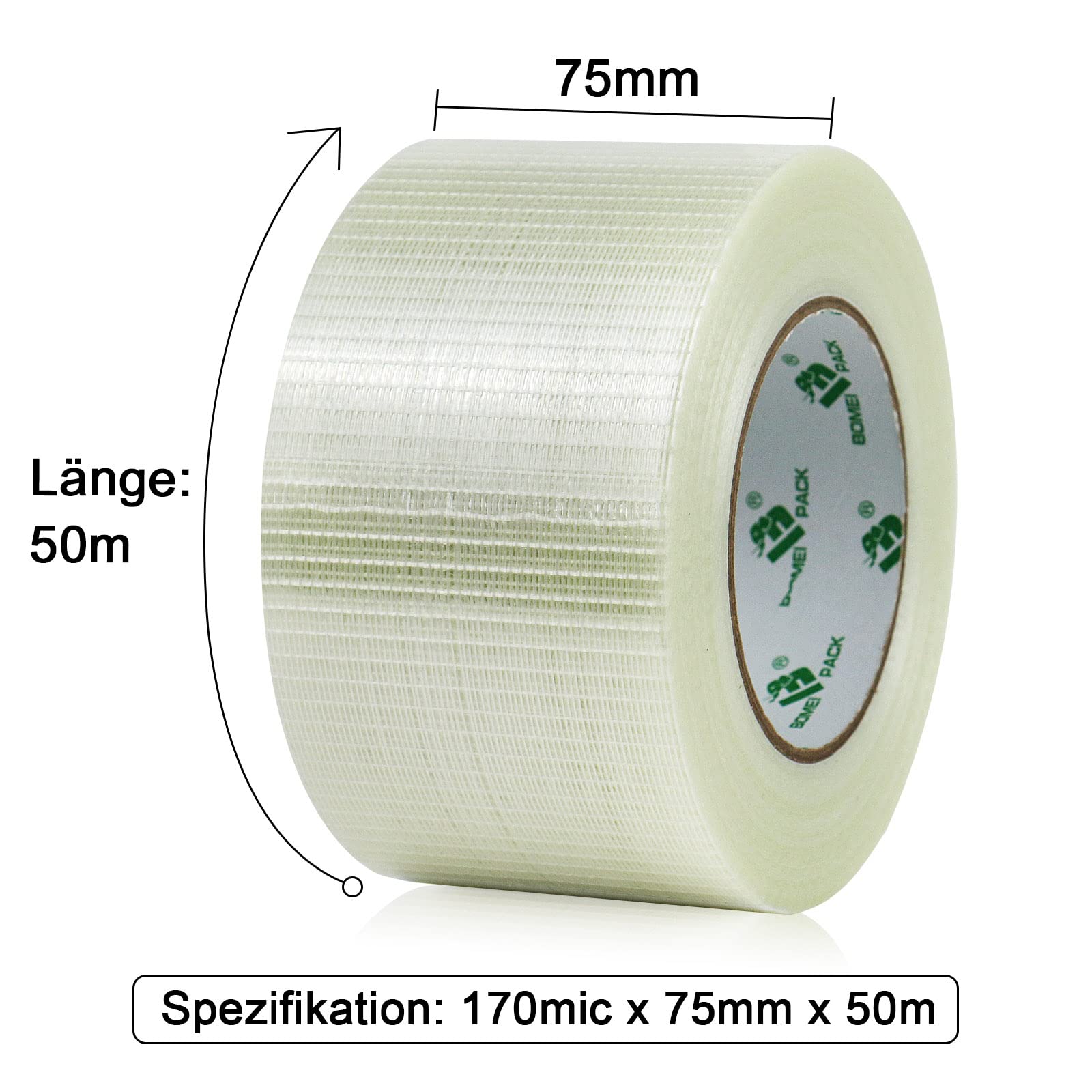 BOMEI PACK Ruban de cerclage de filament, Rouleau Adhésif Adhésifs en Fibre de Verre Renforcé Transparent 75 mm x 50 m