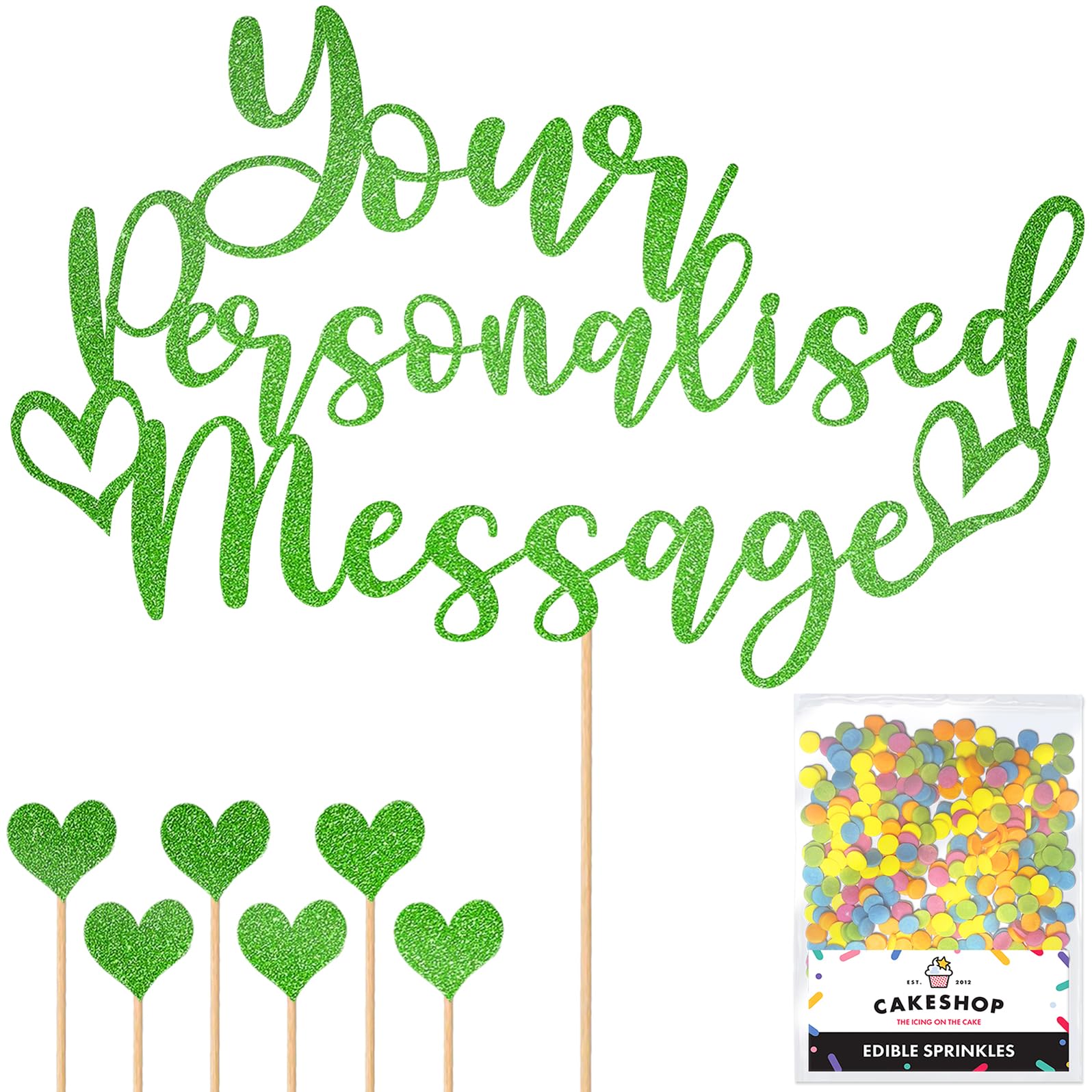 Any Text Personalised Glitter Cake Topper - Green Name, Age, Words Glitter Cake Decoration and Sprinkles - Happy Birthday Decorations - Personalised Toppers for Cakes by Cakeshop