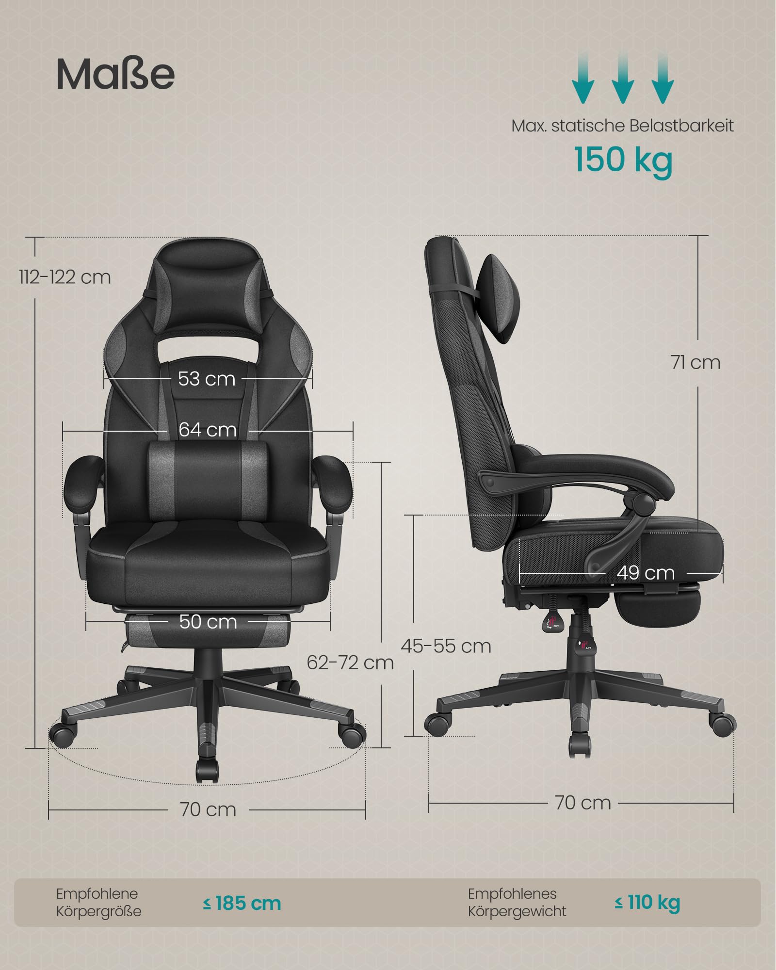 SONGMICS Gaming-Stuhl, Bürostuhl mit Fußstütze, Schreibtischstuhl mit Kopfstütze und Lendenkissen, höhenverstellbar, ergonomisch, bis 150 kg belastbar, tintenschwarz-schiefergrau OBG073BH20