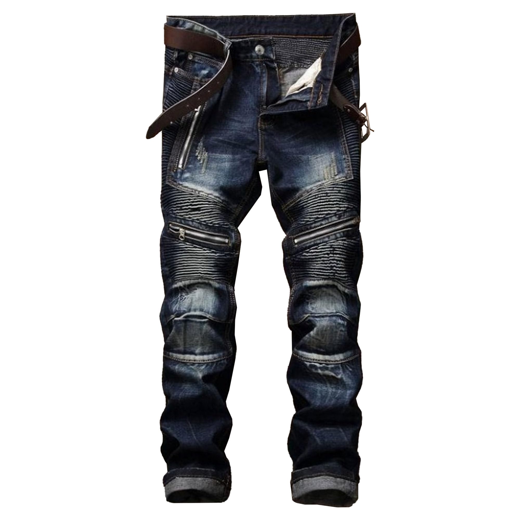 Jeans da motociclista da uomo, con cerniera, effetto lavato, vestibilità dritta, slim fit, jeans classici slim fit, jeans moto lavato