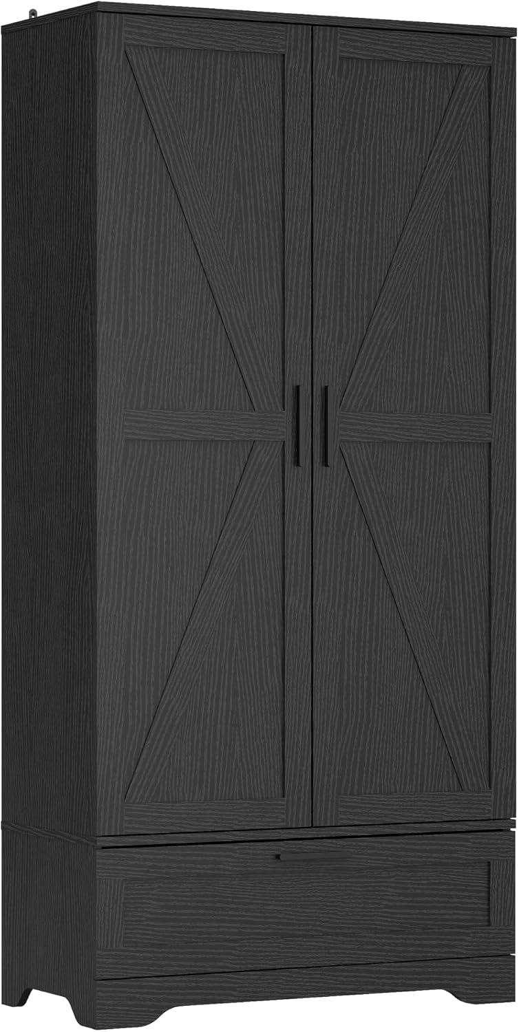 Kitchen Pantry Cabinet, Collection Food Free Standing Tall Wooden Storage Cabinet with Adjustable Shelves & 1 Large Drawer, Versatile Storage for Kitchen Dining Room, Utility Rooms (Black)