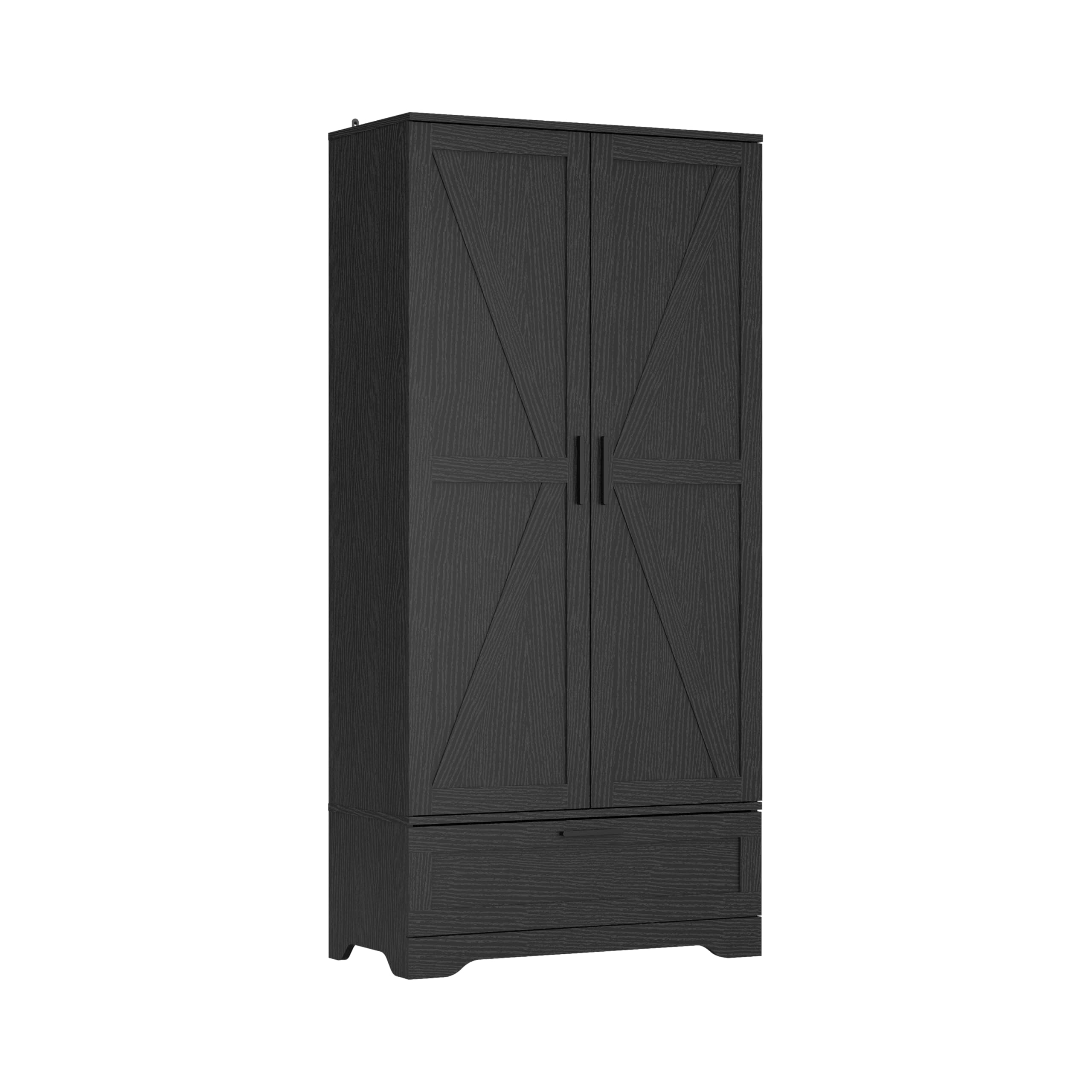 Tall Kitchen Pantry Cabinet with Adjustable Shelves & Large Drawer - Freestanding Wooden Storage Cupboard for Food, Dishes & Dining Room or Utility Room Organization (Black)