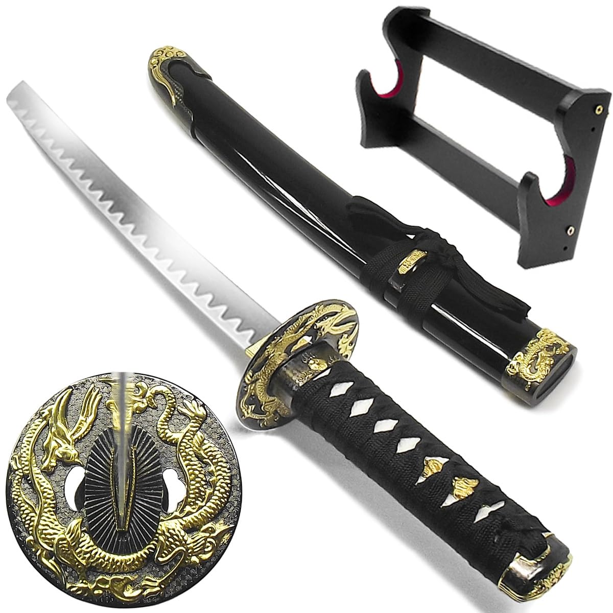 Espada Adaga Tanto Samurai Golden Dragon Aço Carbono + Suporte