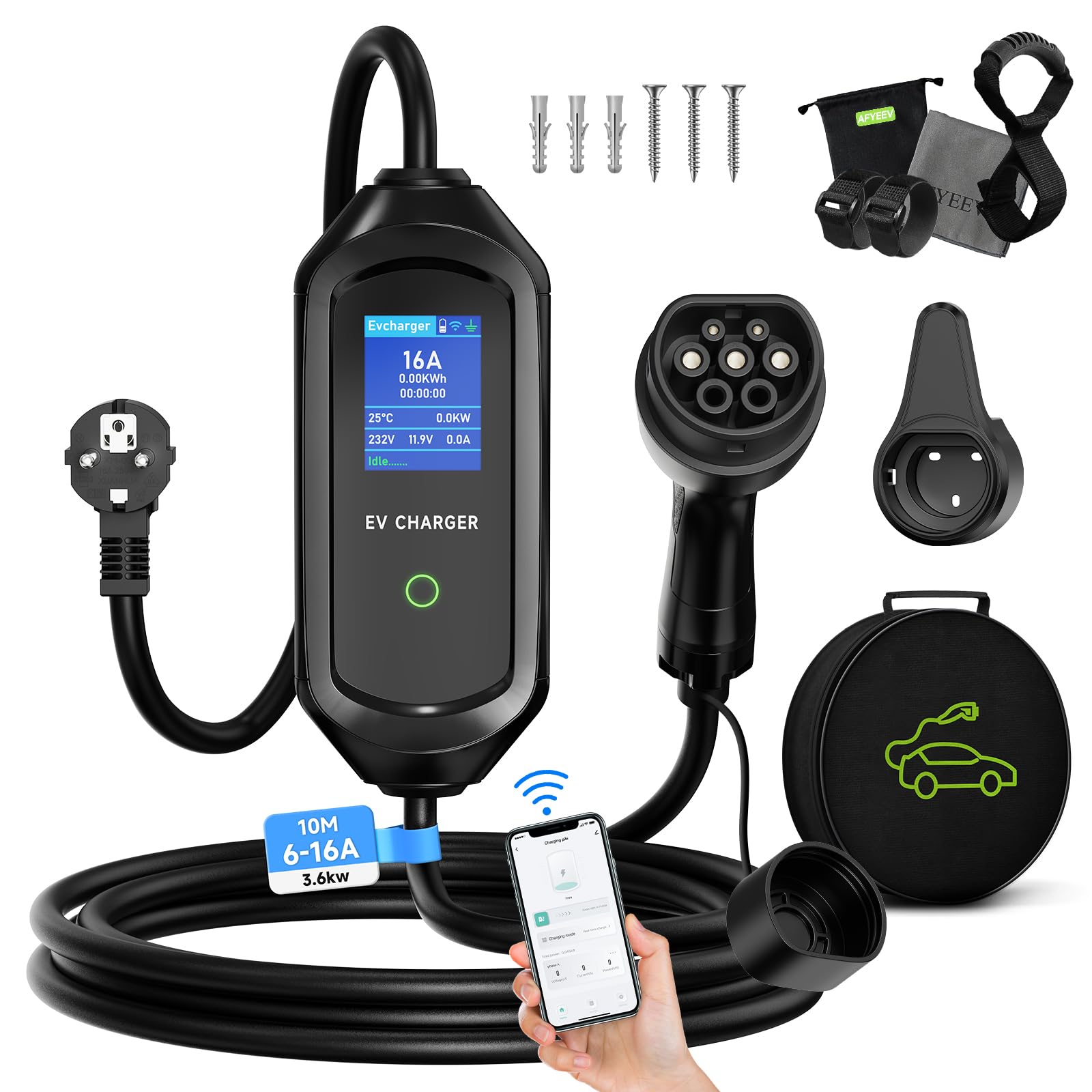 Chargeur Voiture Electrique 3,6 KW APP, 10M Cable EV Chargeur Type 2