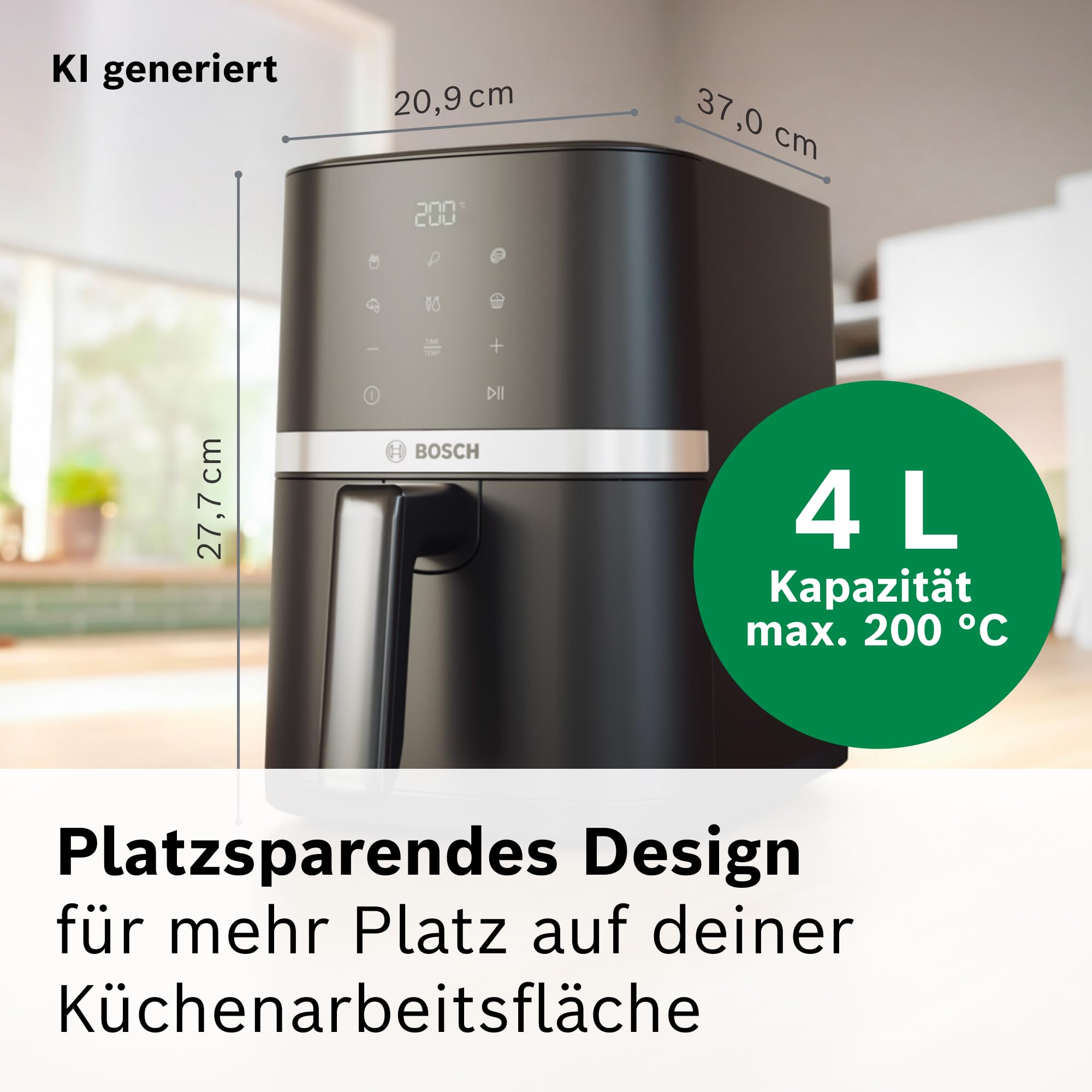 Bosch Heißluftfritteuse Serie 2, 4 L großer Korb für bis zu 2 Personen, Kleine Heißluftfritteuse, 6 Programme, Schwarz, 1.300 Watt, MAF24AB0