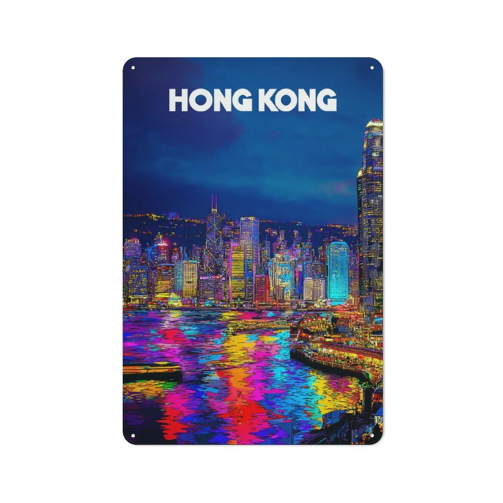 Junmoney Vibrant Hong Kong Nightscape -2 Tin Wall Plaque 30X20cm With For Guest Room Or Hallway, For Hallway Wall Decor Fans