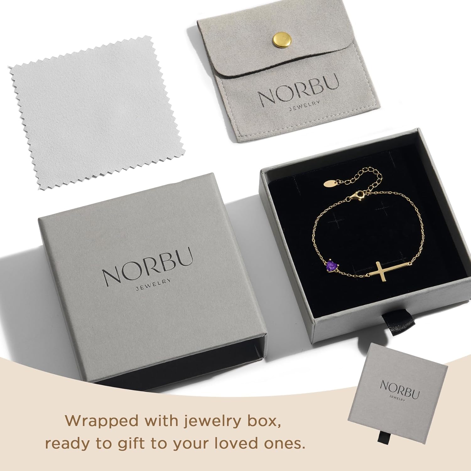 NORBU S925 Cross Bracelet for Women, 18K Gold Plated Sterling Silver Womens Cross Bracelet with Heart Birthstones, Religious Christmas Gift Anniversary Birthday Jewelry for Wife Girlfriend Her - Image 6
