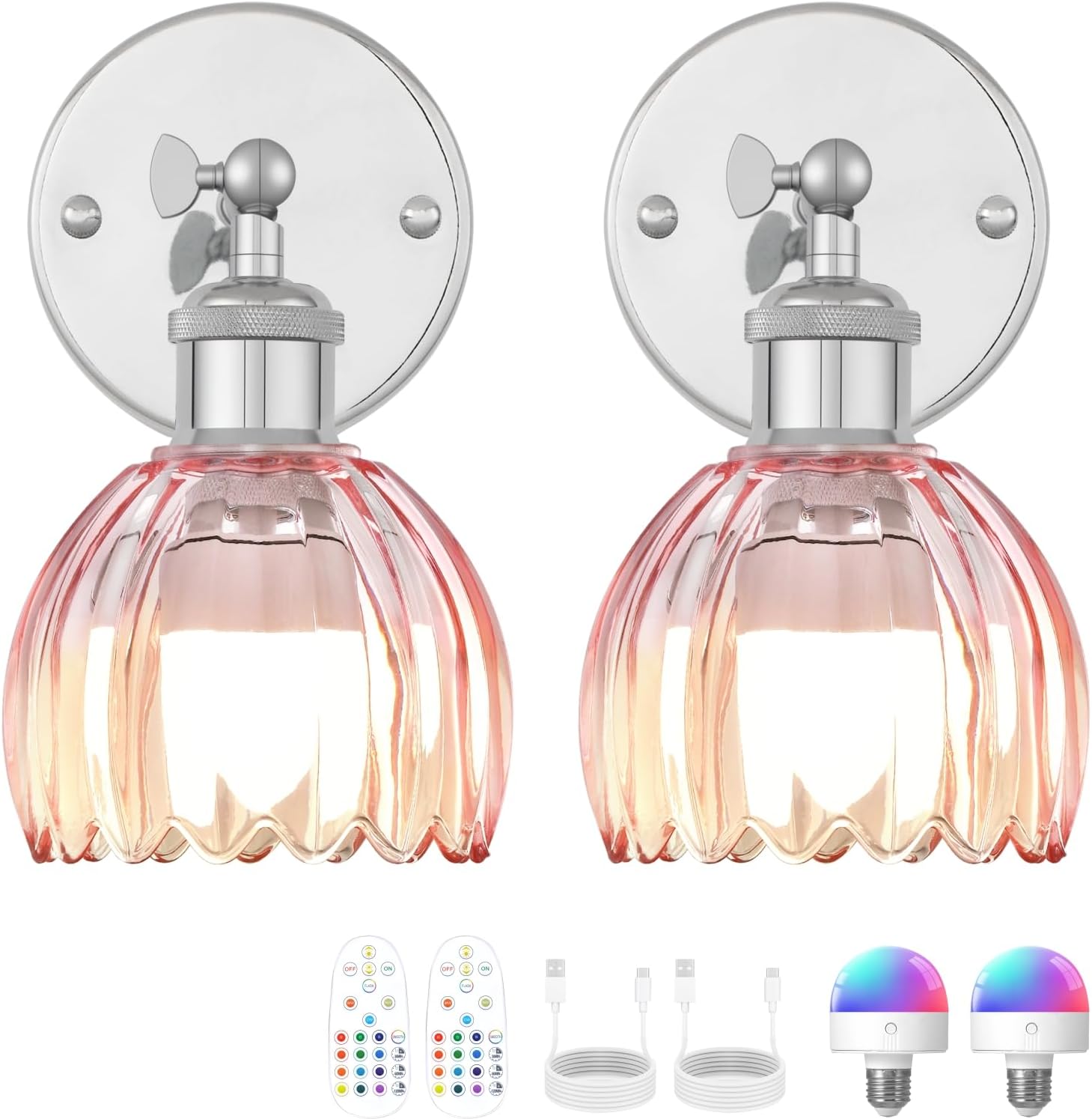 Vintage Battery Operated Wall Sconce, Pink Tulip Glass Lampshade Wireless Rechargeable Battery Powered LED Wall Light with Remote Dimmable for Bedside Bedroom Living Room, Silver, Set of 2
