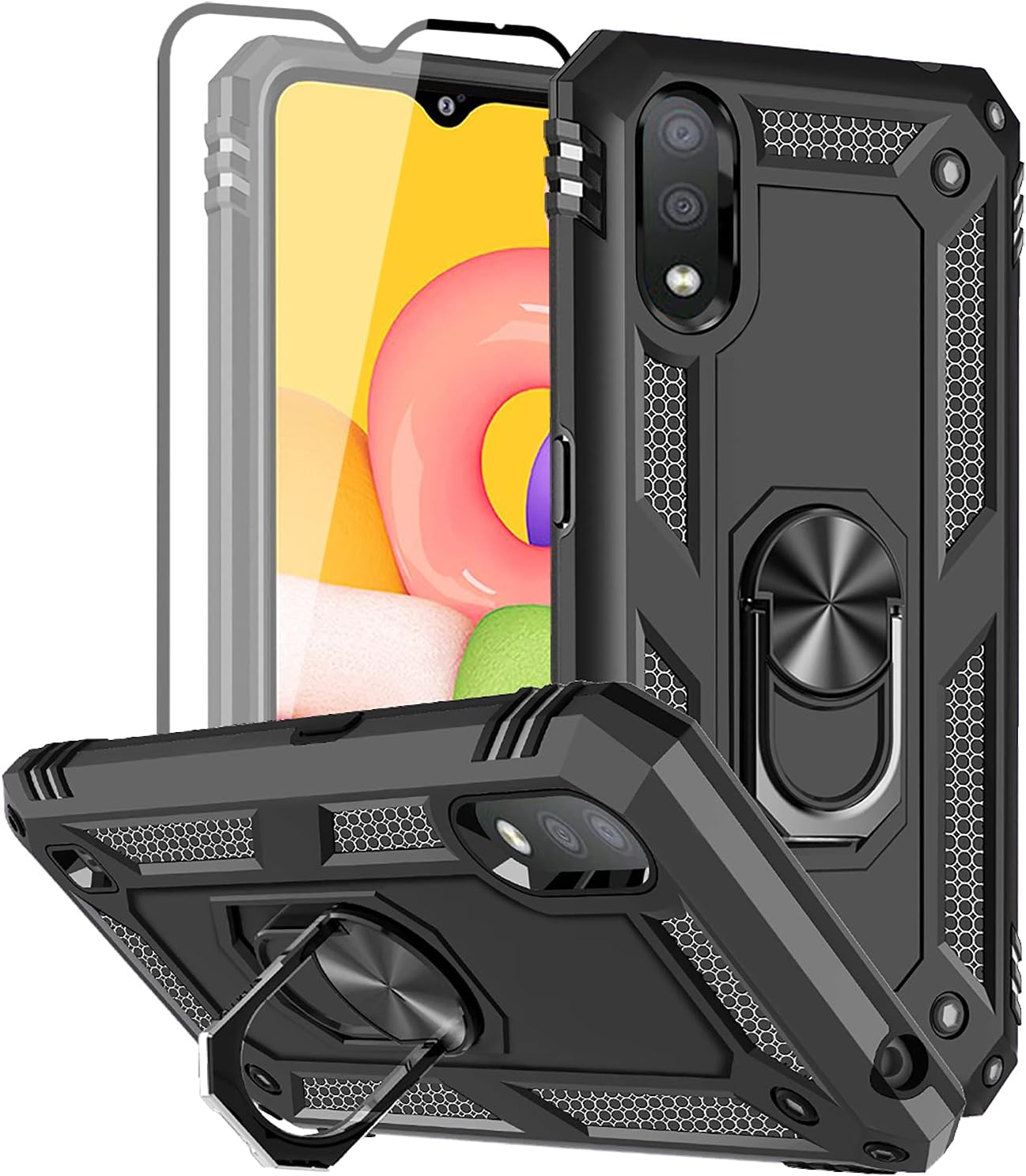 SunRemex Galaxy A01 Case with Tempered Glass Screen Protector. A01 Case Kickstand [ Military Grade ] 15ft. Drop Tested Protective Case Cover for Samsung Galaxy A01 Phone (Black)