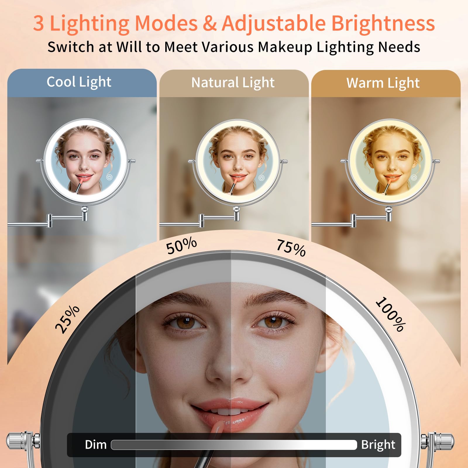 Famihomii Specchio cosmetico ricaricabile con illuminazione a LED, specchio da trucco con ingrandimento 1-10X e interruttore touch