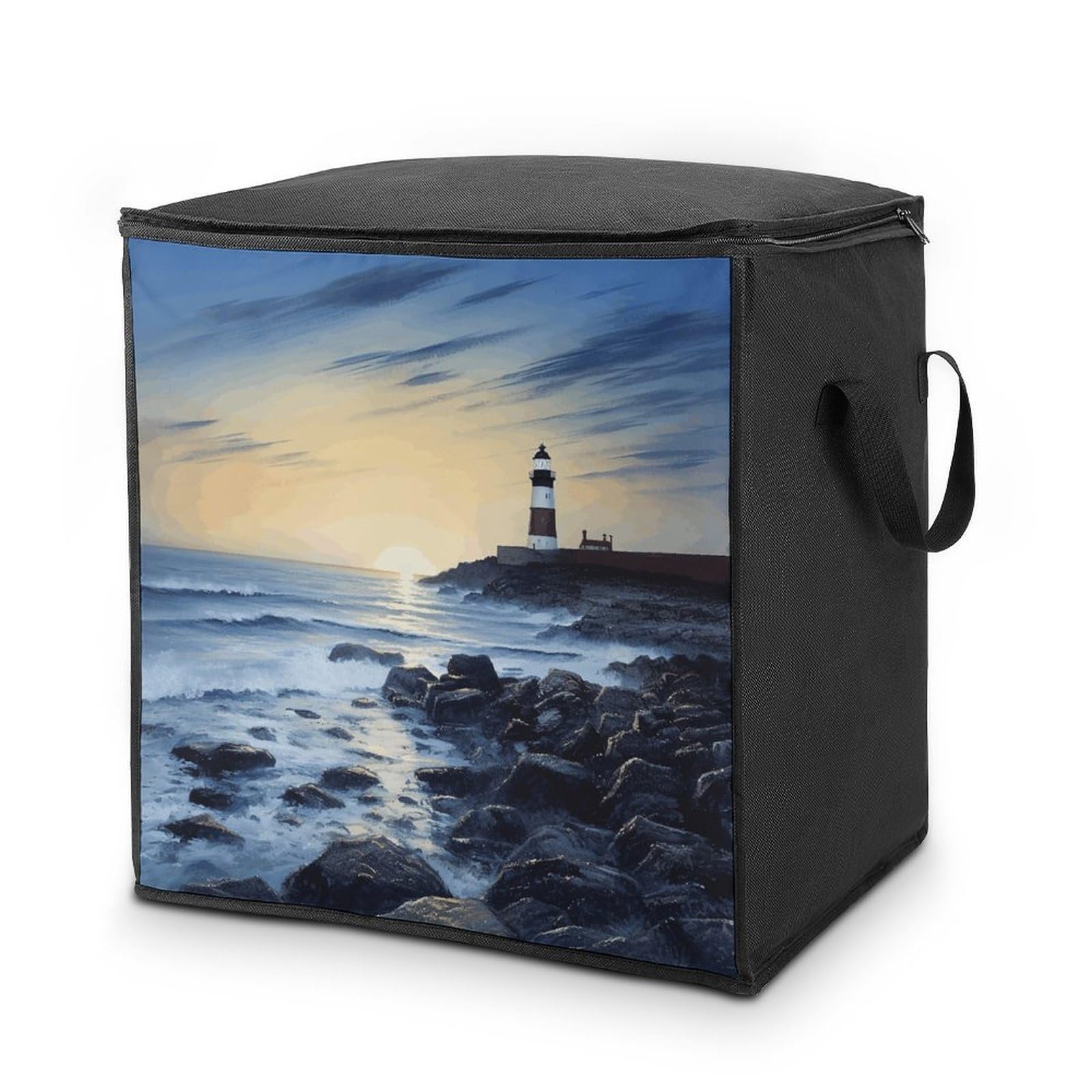 70L The Seaside Lighthouse Storage Bag With Zipper Closet Organizers with Handle for Home Storage Organizer for Blankets Quilts Clothes Comforter Bedding And Pillows