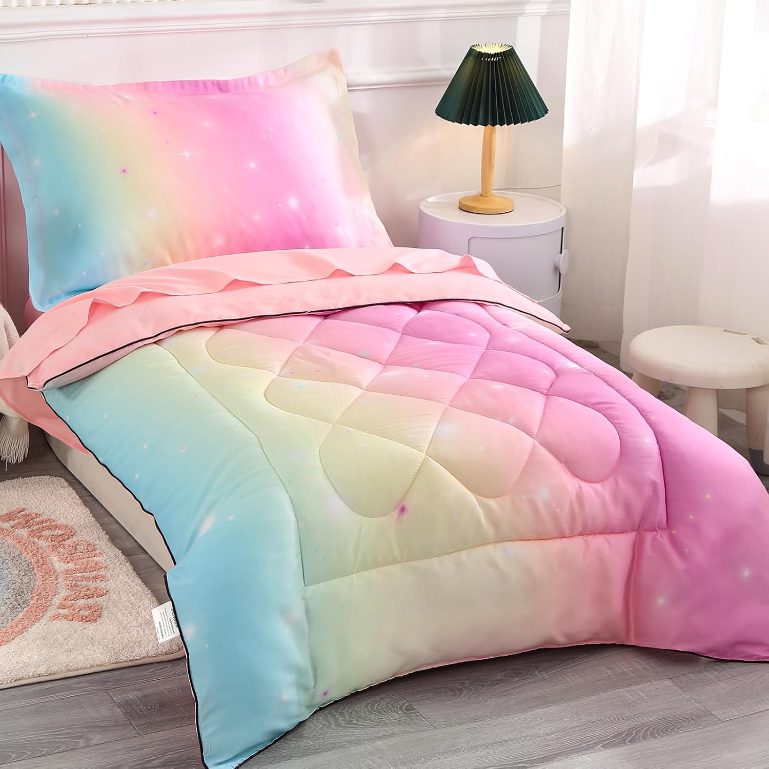 Toddler Bedding Set for Girls, 4 Piece Pink Toddler Girl Bedding Set Toddler Bed Sets for Girls Stars Princess Comforter Set with Toddler Comforter, Flat Sheet, Fitted Sheet, Pillowcase, Pink