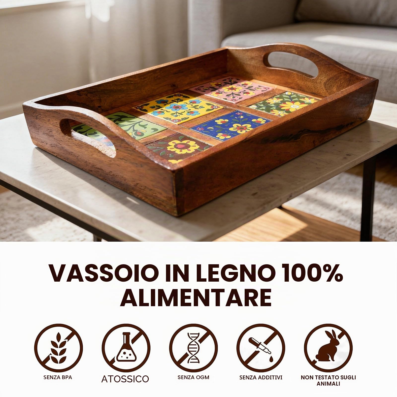 Craft Trade Vassoio da portata in legno di mango con manico e 6 piastrelle in ceramica floreale con angoli, perfetto per colazione, tè, caffè, snack, cena, 30 x 23 x 8 cm