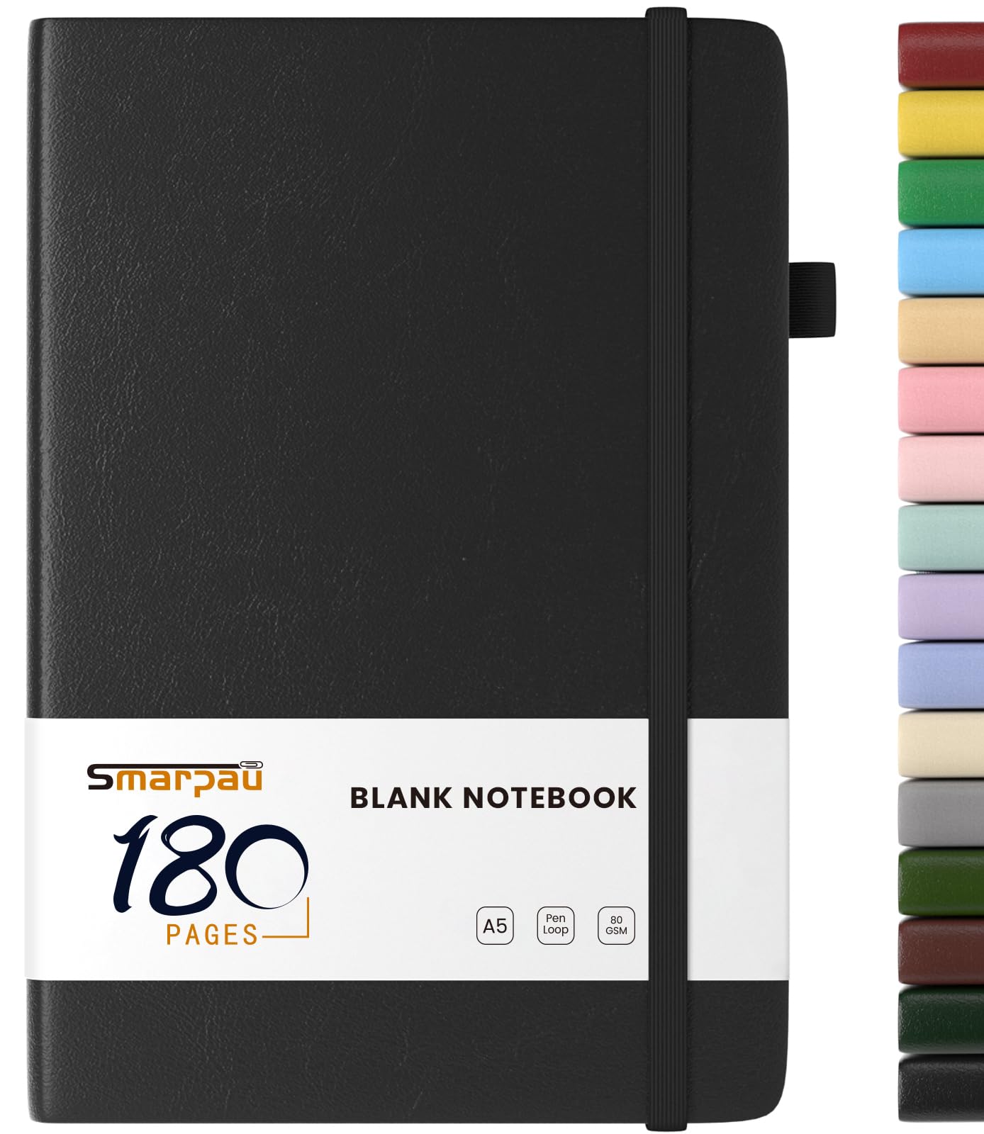 Smarpau Plain Paper Notebook A5, 180 Pages Hardback Unlined Notebook with Blank Paper, Leather Notepad for Women Men Working Travel Drawing, Black