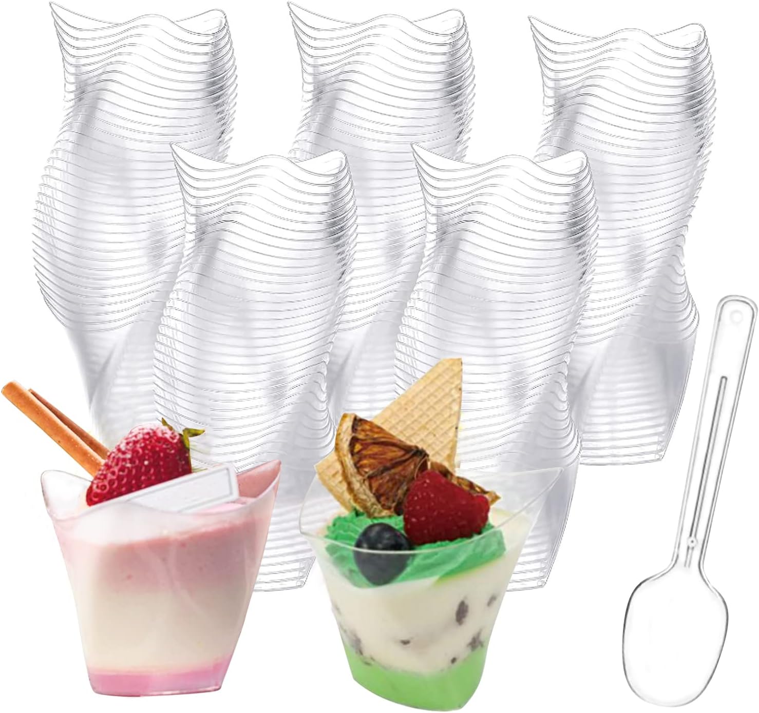 YancLife50Pcs Dessert Cups with Spoons,150 ml Plastic Swirl Dessert Pots, Clear Small Cup Reusable Serving Dessert Bowl for Ice Cream Cheesecake Jelly Candy Desserts Pudding Mousse Party