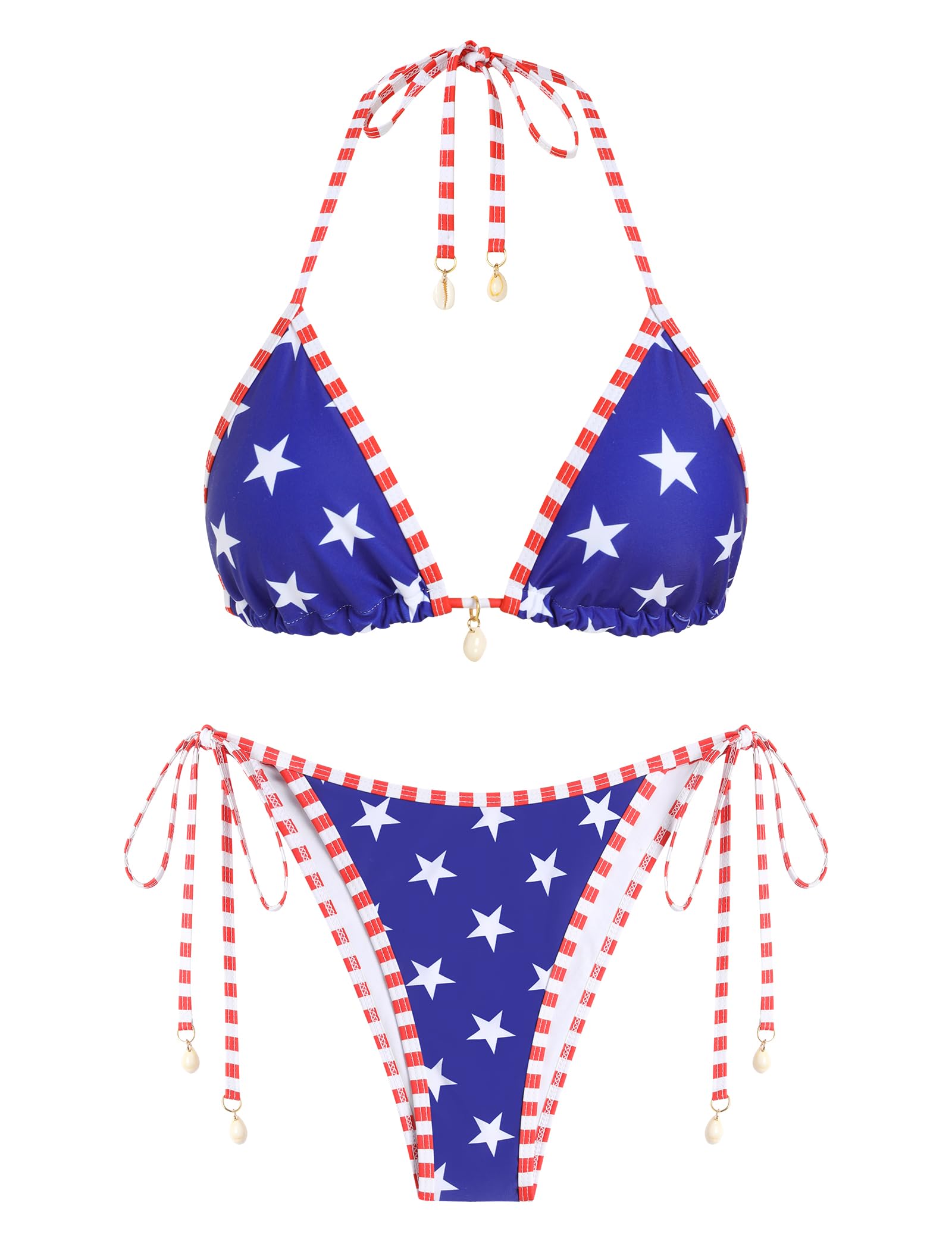 Photo 1 of ZAFUL Women's Colorblock Stripes Triangle Halter Tied Cheeky Thong Bikini Set High Cut Two Piece Bathing Suit (4-Flag Sky Blue, L)