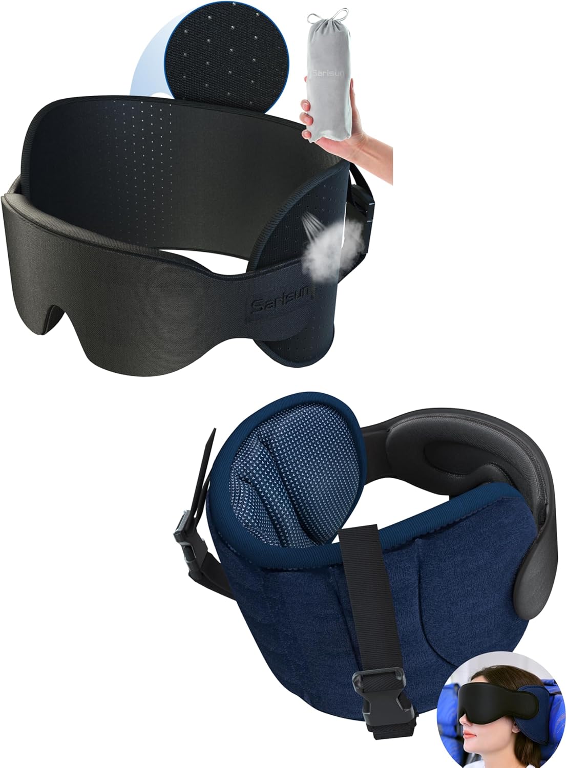 Travel Pillow for Airplanes and Breathable Airplane Pillow, Eye Mask for Sleeping, Travel Neck Pillow for Long Flight, Car Road Trip, 360° Support Headrest