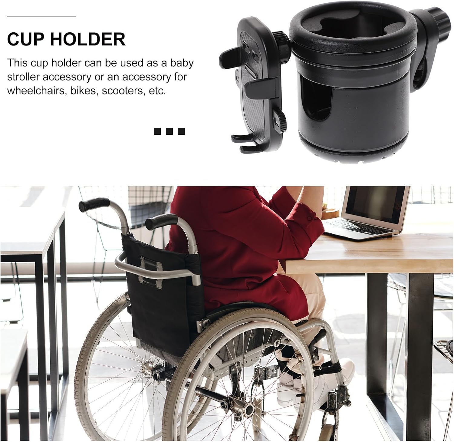 Stroller Cup Holder and Bottle Holder for Universal Strollers and Wheelchairs, Black, Multipurpose Clamp Design for Bikes, Scooters, and Prams, Sturdy Accessory for Outdoor Use