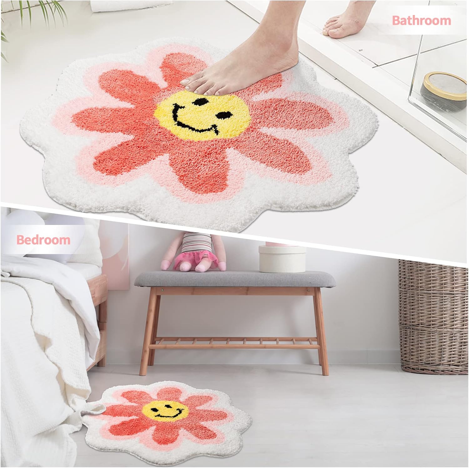 Smiley Face Rug Sunflower Rug Cute Pink Bathroom Rugs Non Slip Bath Mat Microfiber Flower Absorbent Bathroom Tub Shower Rugs Washable (27.6Inch, Pink)