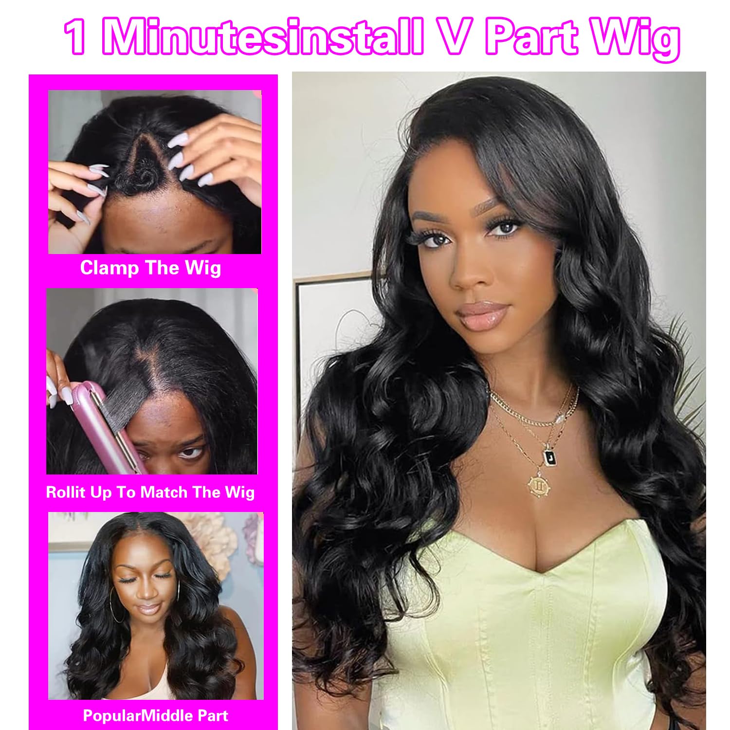 Xagujpo V Part Wig Human Hair Body Wave for Black Women Upgrade U Part Human Hair Wig 100% Beginner Friendly No Sew In No Glue 180% Density Natural Color (16 inch)